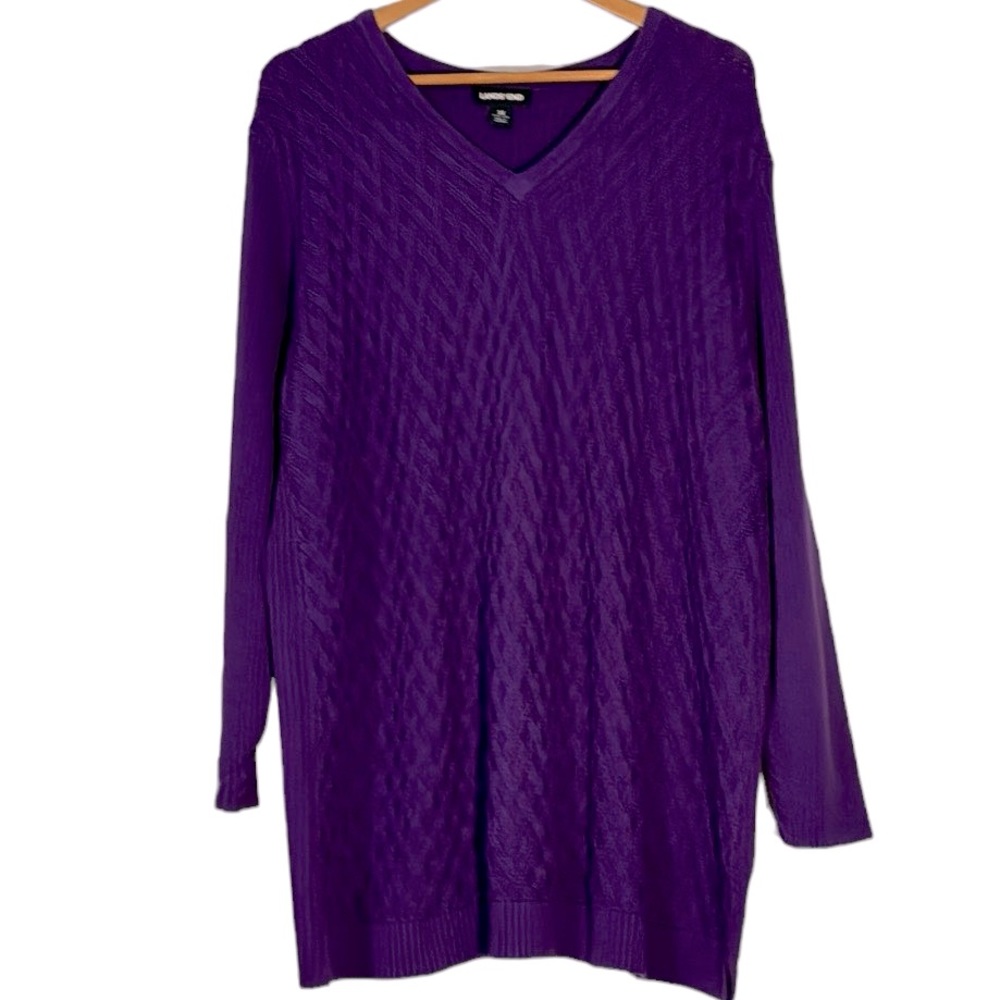 Lands' End Plus 3X Purple Cable Knit Textured Tunic V-Neck 100% Cotton Sweater